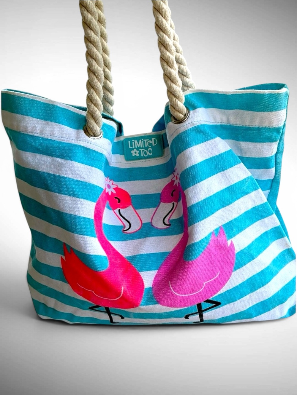 Limited Too Flamingo Beach Tote Canvas Bag Y2K Striped Rope Handle
